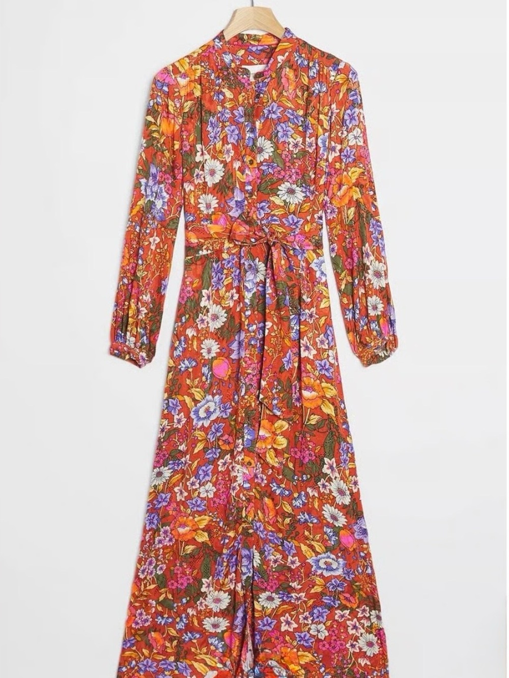 Anthropologie Vale Maxi Shirtdress with a Belt and Pockets, Floral Fall Colors.